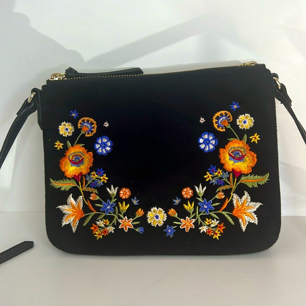 Faux suede black floral crossbody purse bag